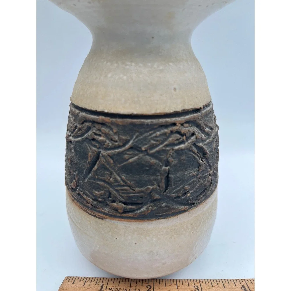 Vintage Signed Studio Pottery‎ Vase Textured Brutalist Rustic Cream Brown 6